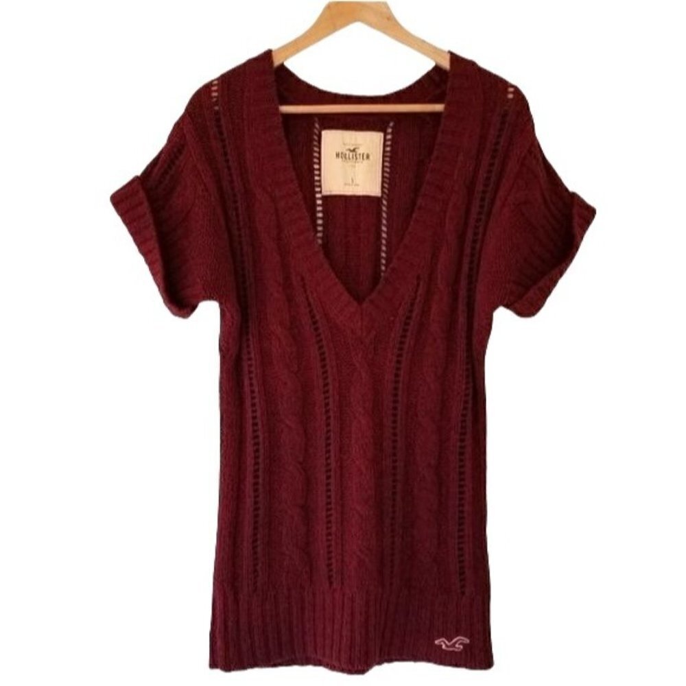 Vintage Hollister Open Knit Pullover V Neck Maroon Short Sleeve Sweater Dress Sm